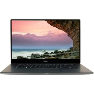 Photo of the sleek, thin Dell Precision 5520 laptop in Rose Gold, showcasing its near-borderless InfinityEdge 15.6-inch display, carbon fiber palm rest, aluminum chassis, keyboard, large touchpad, and side ports including Thunderbolt 3