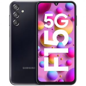 Close-up of Samsung Galaxy F15 rear design in Ash Black, featuring triple camera module and textured plastic (Glastic) finish."