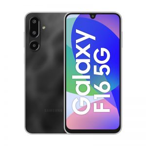 Samsung Galaxy F16 smartphone in Forest Green color, showcasing its sleek design, large edge-to-edge Dynamic AMOLED display with invisible under-screen camera, and integrated professional triple-lens rear camera system.