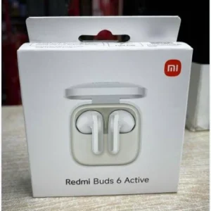Redmi Buds 6 Active white TWS earbuds with open charging case on white background