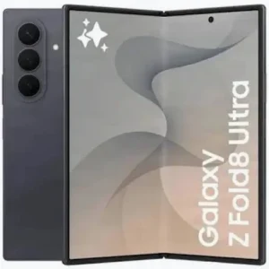 Samsung Galaxy Z Fold 8 Ultra foldable smartphone unfolded showing 8-inch inner AMOLED display and 6.5-inch cover screen, in Iris Purple color.